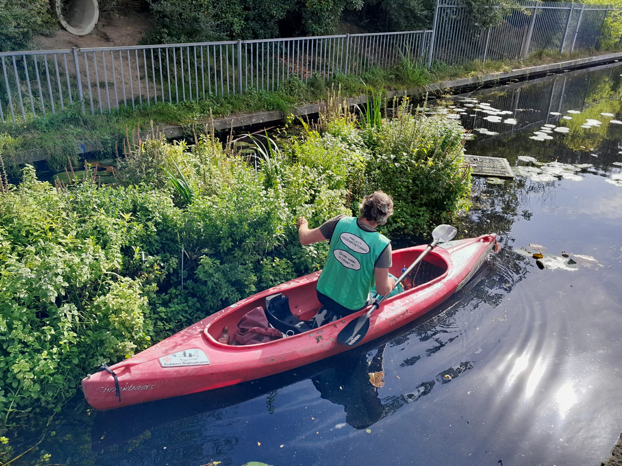 onderhoud aan de watertuinen met kano Daniel binnenvestgracht op 28 september